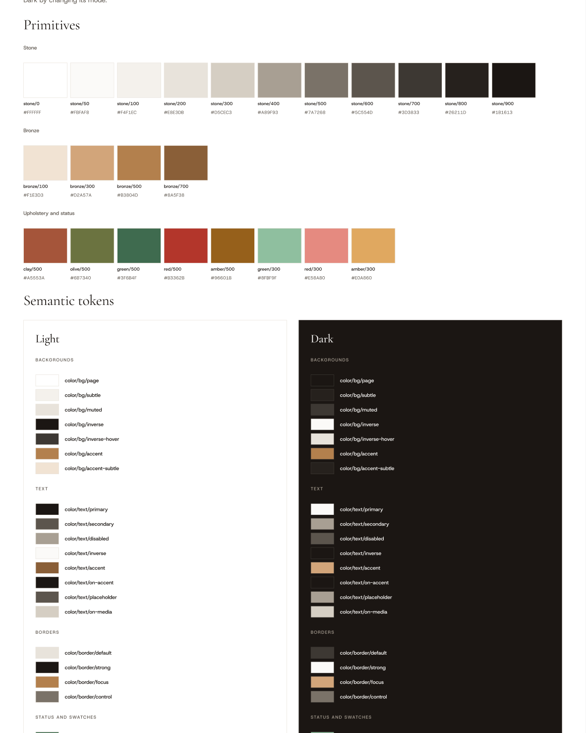 The Attik colour page: stone, bronze and status colour swatches with their values