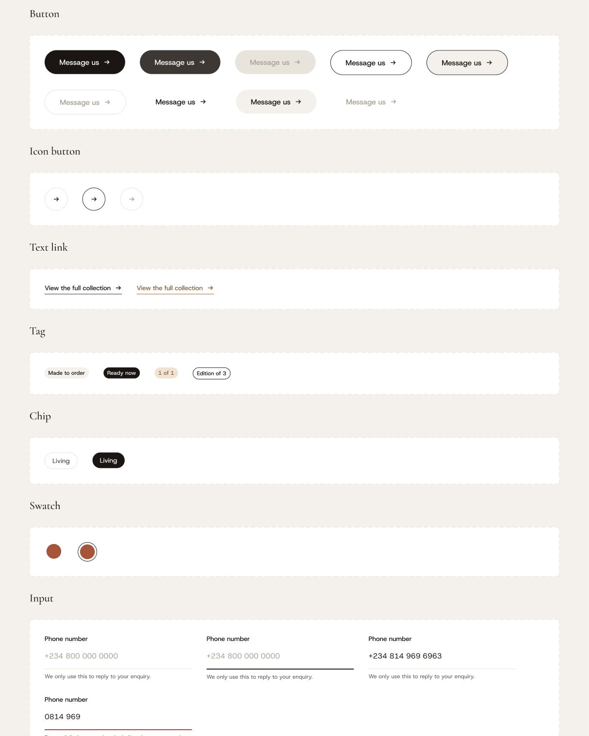 Attik components: buttons, links, tags, chips and swatches in each state