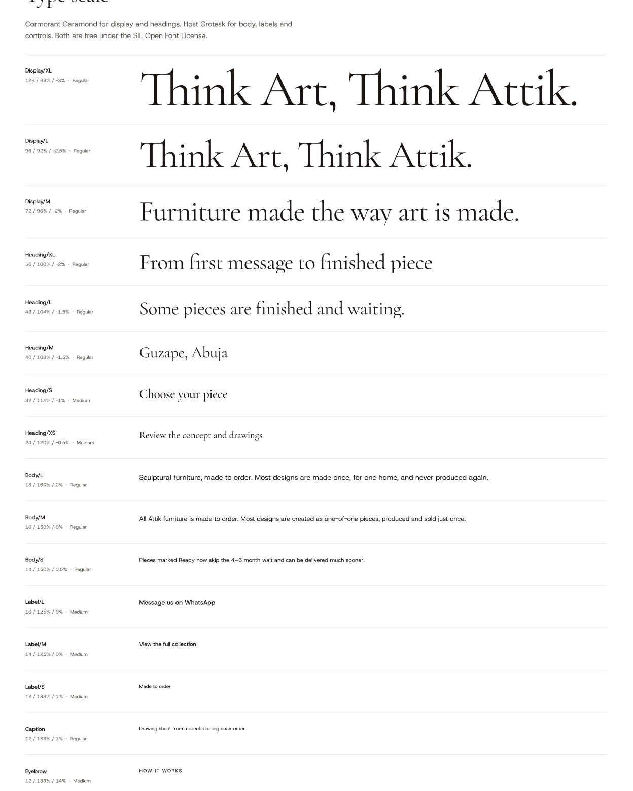 The Attik type scale, from large serif display sizes down to small labels
